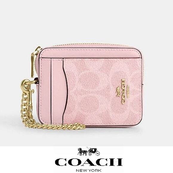 💗Coach Zip Card Case In Signature Canvas Power Pink - Picture 1 of 9